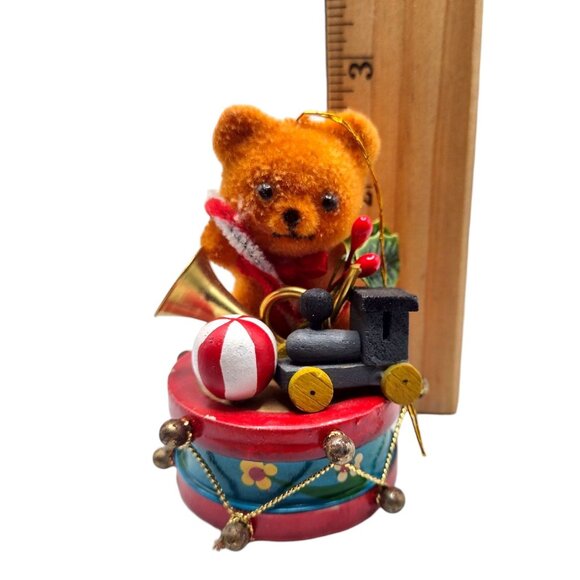 Vintage Flocked Teddy Bear Christmas Ornament With Drum & Train Toys Mini 2.5" - Picture 6 of 6